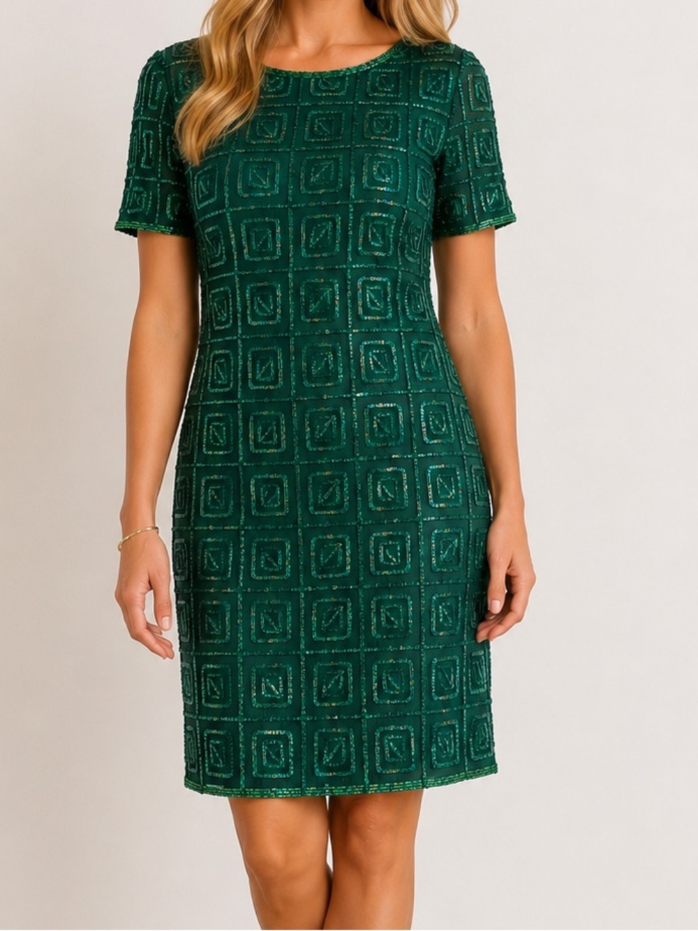 Vintage Beaded Dreams Emerald Green Sequin Beaded Cocktail Dress Size Large